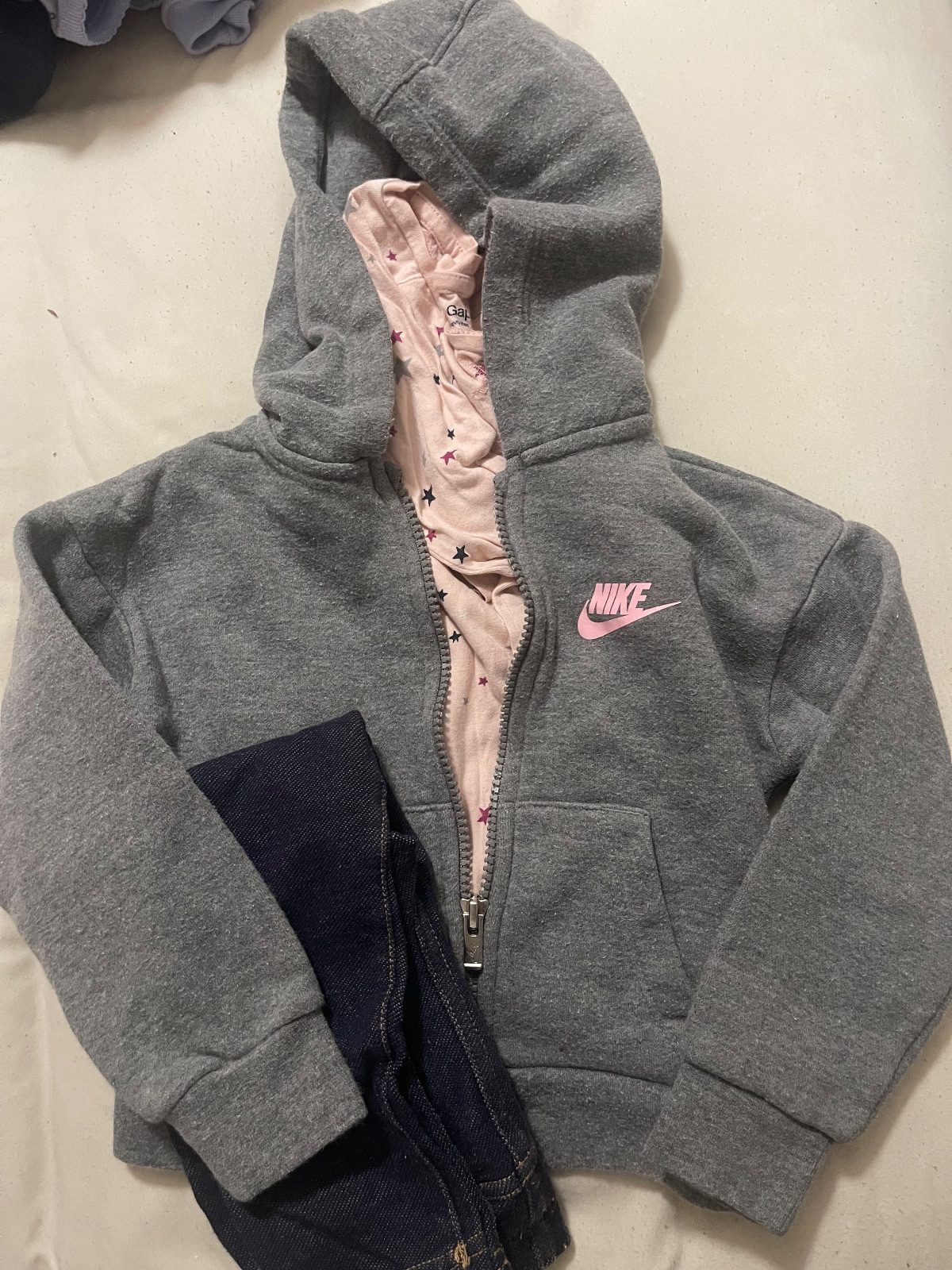 Grey Nike jacket, pink long sleeve, + jeggings